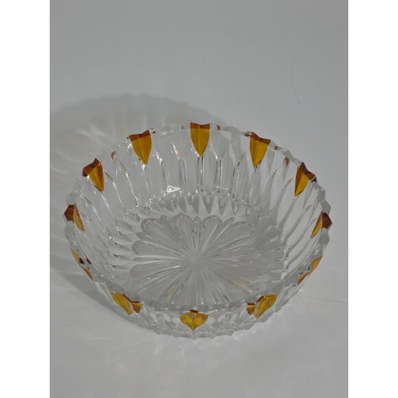 Vintage Glass Bowl With Amber Tinted Petal Detailing & Diamond Cut Design - Picture 2 of 10